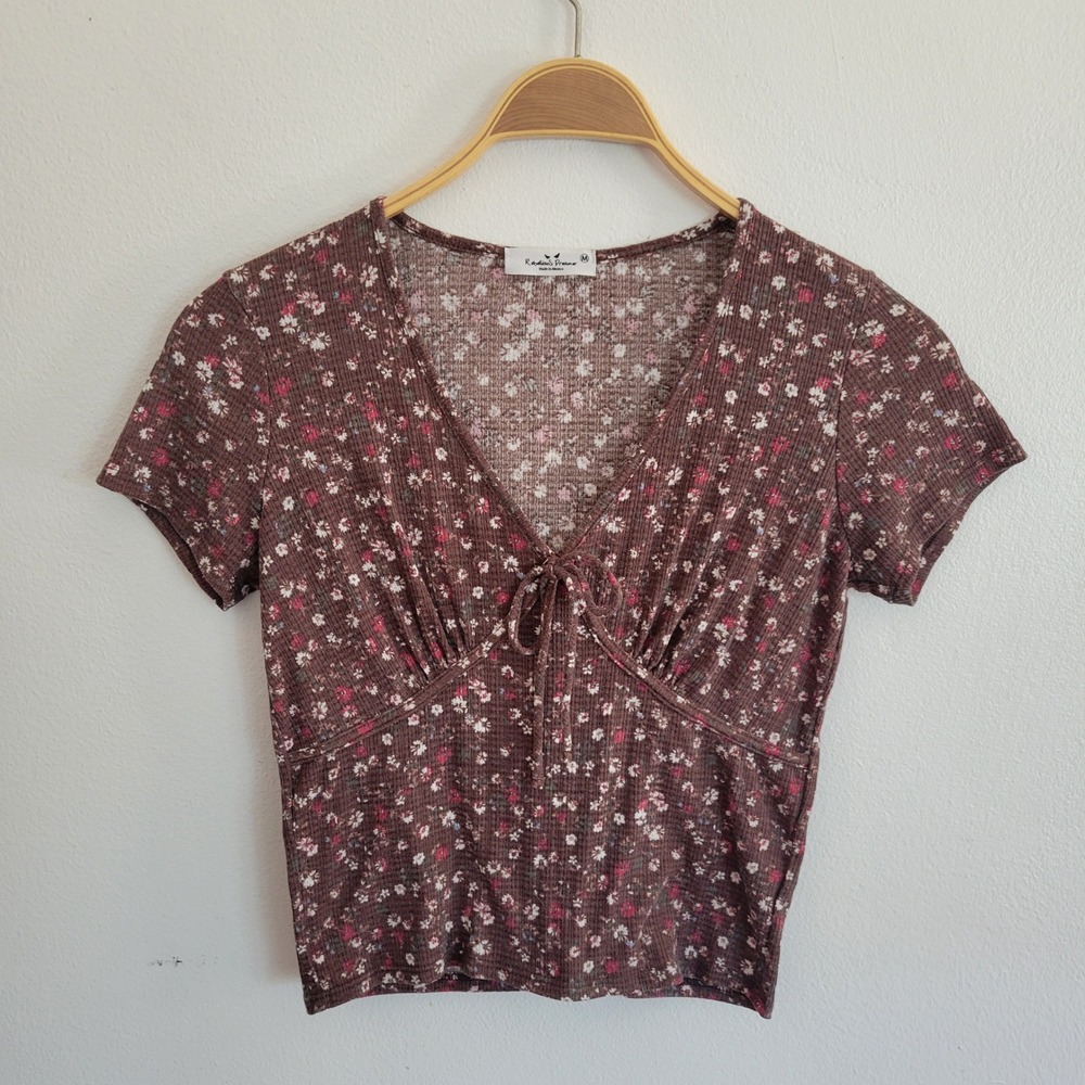 Rebellious Dreamer Empire Waist Top Medium Brown Ditsy Floral Cottagecore Retro